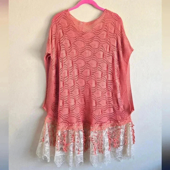Ryu oversized boho style coral knit beach coverup tunic poncho top - Picture 5 of 11